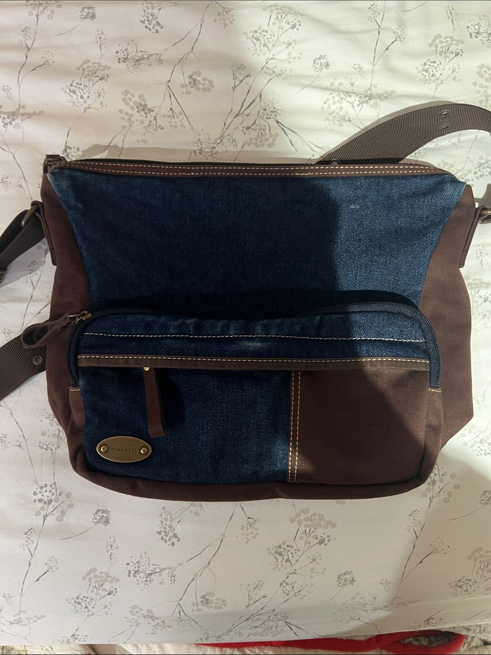 Ninewest Denim and Brown Canvas Shoulder Bag for Women